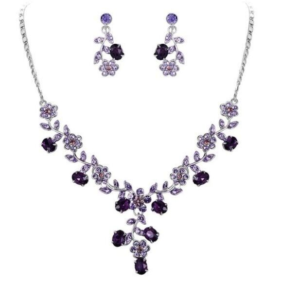 Silver and Purple Amethyst Austrian Crystal Flower Leaf Necklace & Earrings Set - Picture 1 of 6